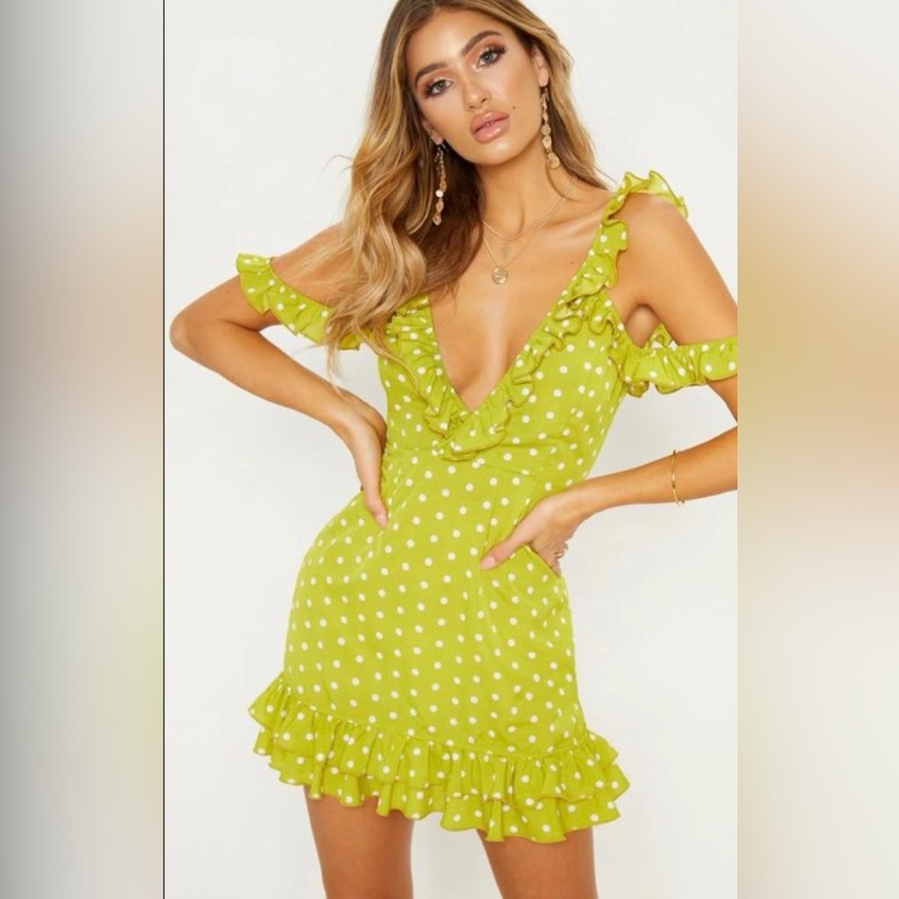 PLT Polka Dot Ruffle V-Neck MINI Dress in Lime Green Size 8